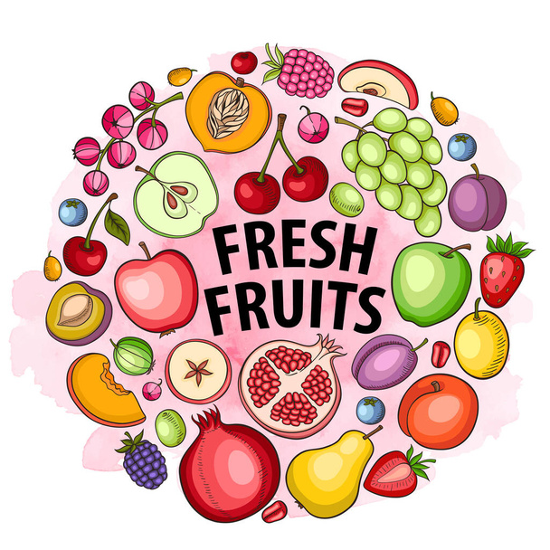 Fresh fruit on a round pink watercolor background. Healthy eating and vegan concept. Hand drawn vector illustration - Vektör, Görsel