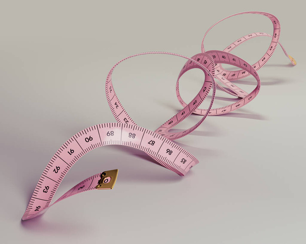 A pink curled and twisted up taylors measuring tape with measurements on a light background - 3D render - Photo, Image