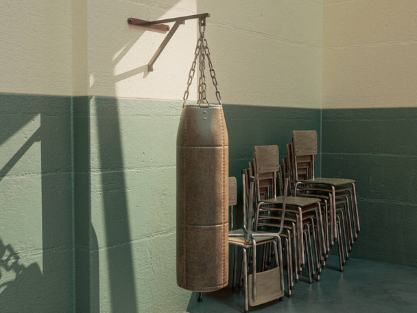 A old vintage leather punching bag mounted on a green wall in a room with stacked chairs lit by a window light - 3D render - Fotoğraf, Görsel