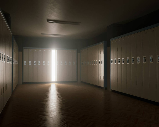 Light illuminating out of an open locker in a dimly lit locker room with wooden floors  - 3D render - Foto, imagen
