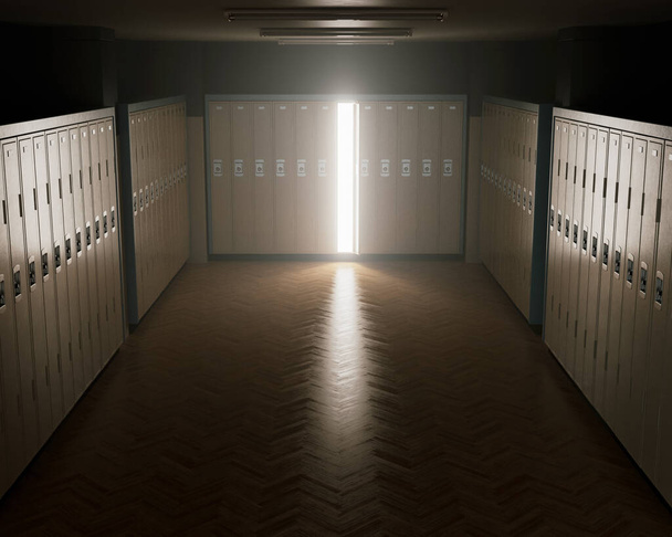 Light illuminating out of an open locker in a dimly lit locker room with wooden floors  - 3D render - Photo, Image