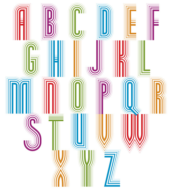 Outer Echo typeset, striped retro 70s style font. - Вектор, зображення