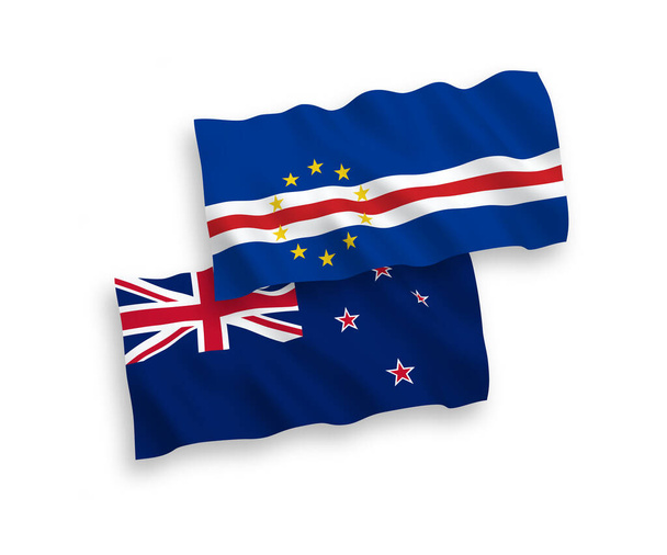 National vector fabric wave flags of New Zealand and Republic of Cabo Verde isolated on white background. 1 to 2 proportion. - Vector, afbeelding