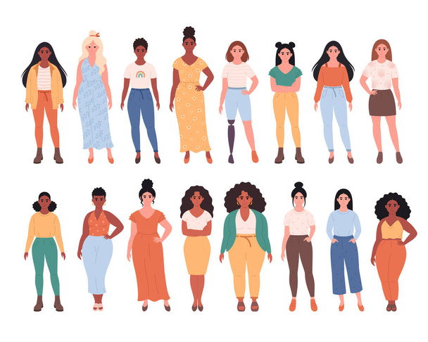 Women of different races, body types, hairstyles. Social diversity of people in modern society. Woman with physical disability. Fasionable casual outfit.Vector illustration - Vektori, kuva