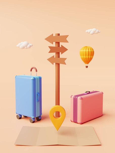 Wybierz swój plan podróży i spakuj walizki, aby wybrać się na wakacje do najlepszych krajów na świecie. 3d renderowanie. - Zdjęcie, obraz