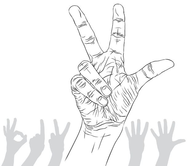 Numbers hand signs set, number three, detailed black and white l - Vector, Image