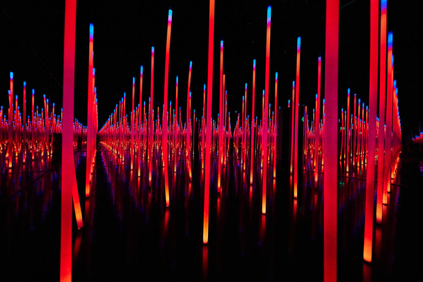 Immagine dei pali di luce rossi astratti del LED nella stanza dello specchio di infinito - Foto, immagini