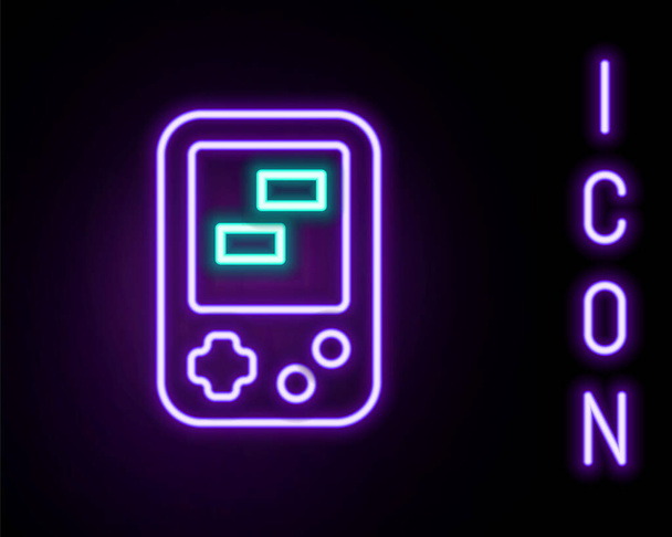 Linha de néon brilhante ícone portátil do jogo eletrônico tetris isolado no fundo preto. Estilo vintage jogo de tijolo de bolso. Dispositivo de reprodução interativo. Conceito de esboço colorido. Vetor. - Vetor, Imagem