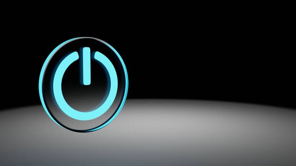 Blaues Neon-On-Off-Symbol innerhalb eines Kristallkreises mit Kopierraum und dunklem Hintergrund. 3D-Darstellung. - Foto, Bild