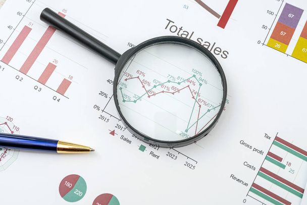 Magnifying glass and pen on financial charts graphs. Annual document report - Photo, Image