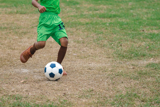 サッカーの子供たちのトレーニングクラス。幼稚園と小学校の子供たちが野球場でサッカーをしている。スポーツ草のピッチでサッカーを実行し、キック男の子のグループ。ボールに焦点を当てる. - 写真・画像