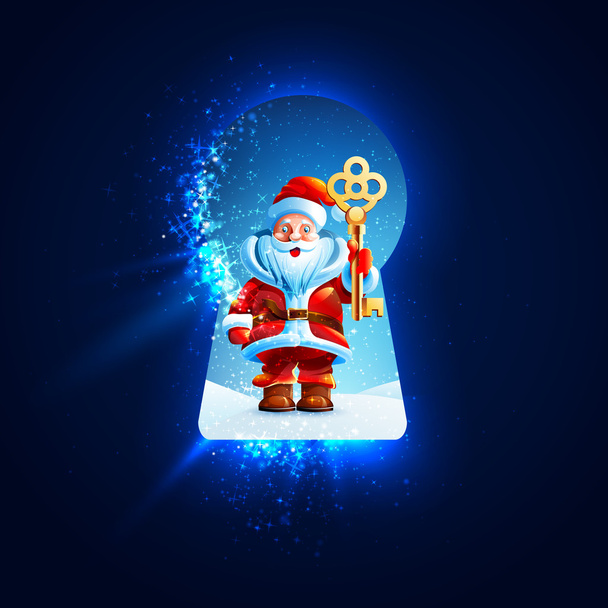 Papai Noel com uma chave dourada na fechadura
 - Vetor, Imagem