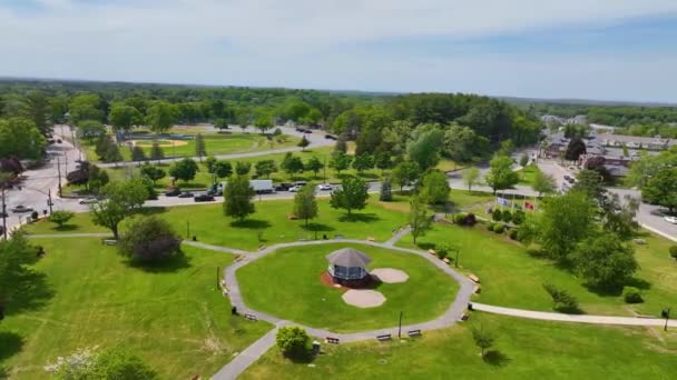 Burlington historic town center aerial view in summer, including Town Common, Town Hall and Center Street, town of Burlington, Massachusetts MA, USA.  - Video