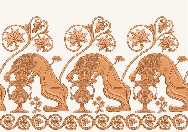 Byzantine traditional historical motifs of animals, birds, flowers and plants Seamless border pattern, linear ornament, ribbon in beige. Vector illustration. - Vetor, Imagem