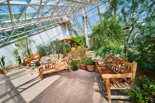 Image of Benches along path in desert greenhouse biome - 写真・画像