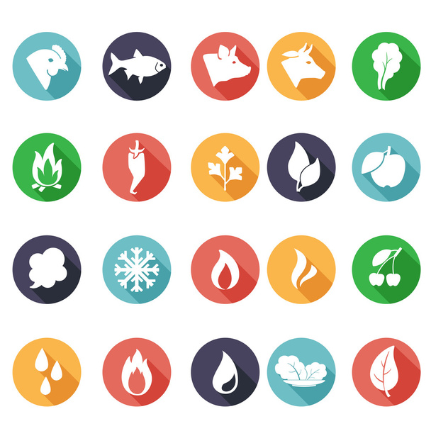 Animals, leaves, fire, frost, steam, water icons. Flat style - Vektör, Görsel
