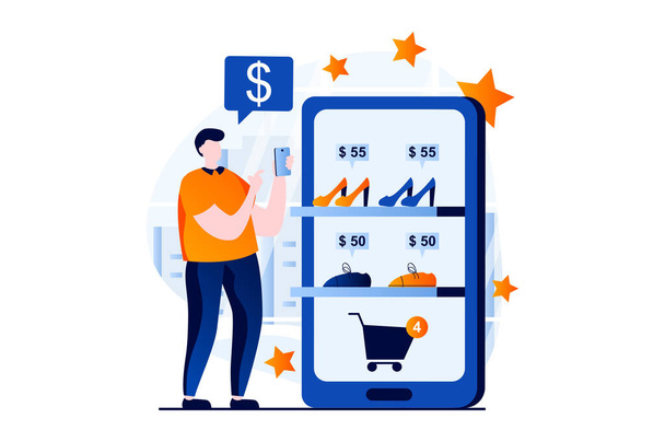 Mobile commerce concept with people scene in flat cartoon design. Man chooses new products from assortment of online store and pays in smartphone application. Vector illustration visual story for web - Vector, imagen