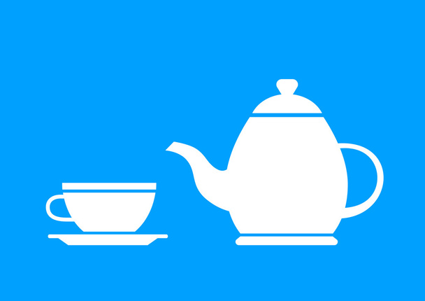 White teapot and teacup on blue background - Vector, Image