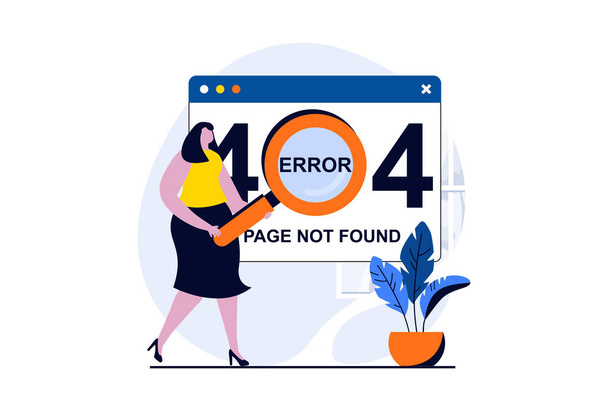 Page not found concept with people scene in flat cartoon design. Woman with magnifier looking for site with disconnects problem and fixing 404 access errors. Vector illustration visual story for web - Vector, Imagen