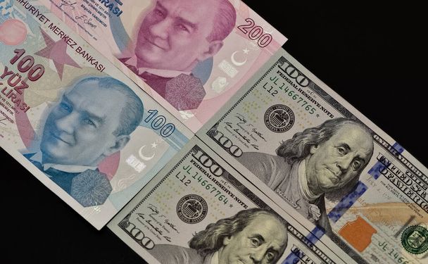 various country banknotes. US dollar and Turkish lira photos. - Foto, Imagen
