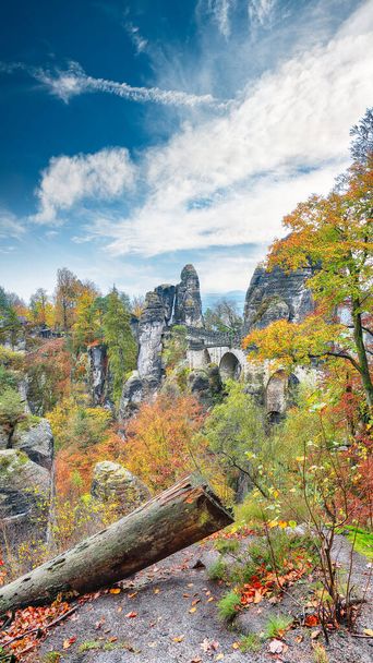 Picturesque autumn landscape in Saxon Switzerland National Park and  Bastei bridge.   Location: Lohmen, state of Saxony, Germany, Europe - Foto, Imagem