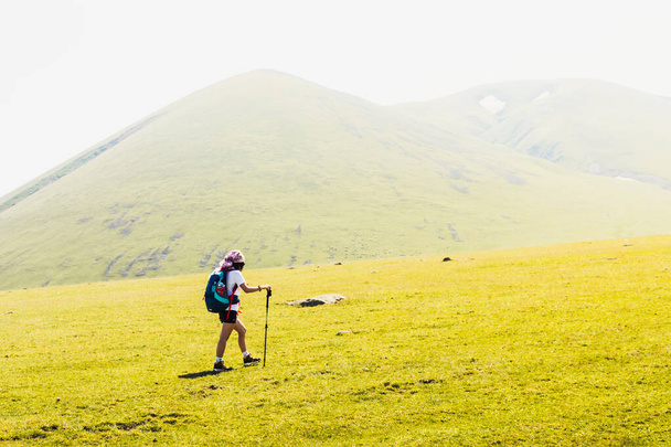 Side view fit sportieve vrouwelijke wandelaar met nordic walk sticks gaan bergop in groene wandelpad in Kaukasus bergen. Recreatieve activiteiten en gezonde levensstijl concept - Foto, afbeelding