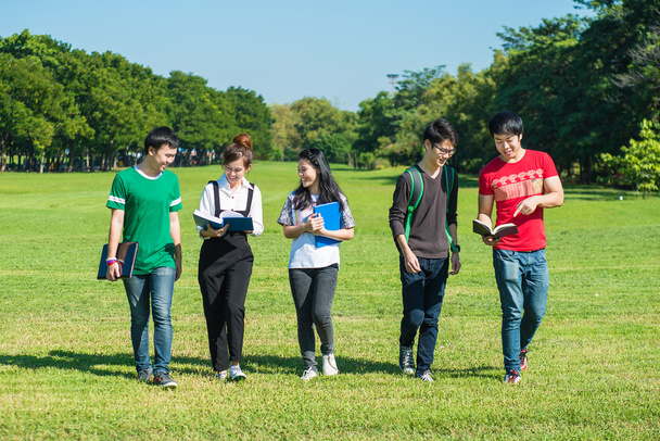 Grupo feliz de estudantes caminhando e conversando no parque
 - Foto, Imagem