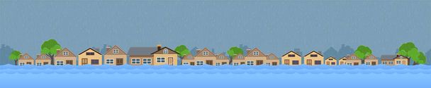 Flood natural disaster with house, heavy rain and storm , damage with home, clouds and rain, flooding water in city, Horizontal banner. - Vecteur, image