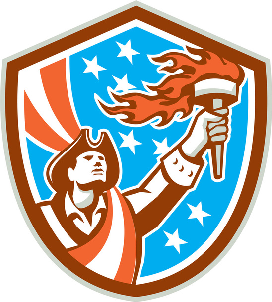 Patriota americano segurando tocha bandeira escudo retro
 - Vetor, Imagem