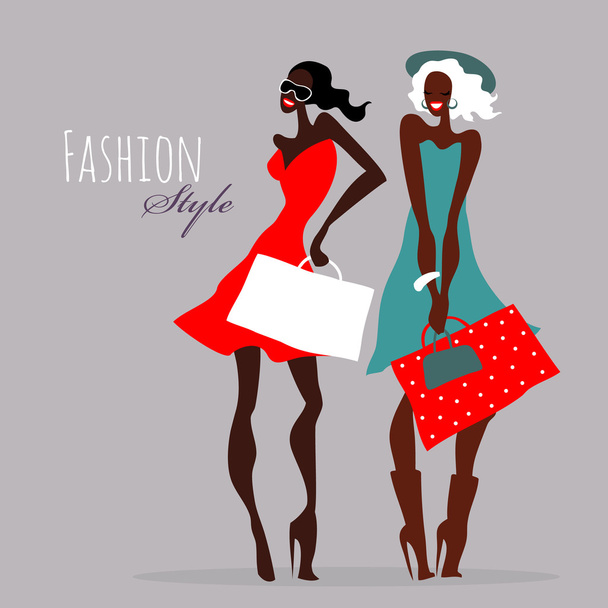 Fashion girls. Women with shopping bags. - Vector, Image