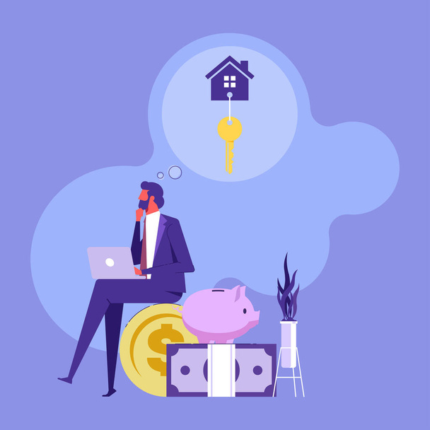 Businessman thinking or dreaming about buying a new house. An employee have a goal to own a personal property and work for success. Vector illustration  - Vector, Imagen