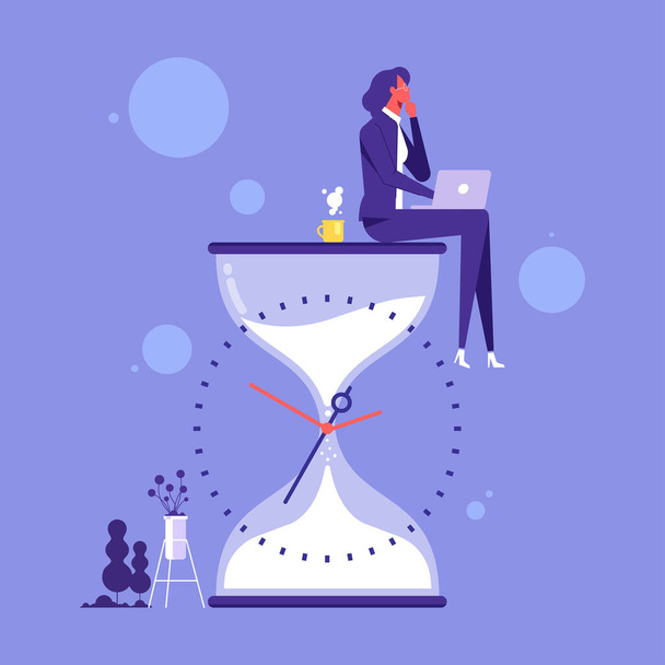 Businesswoman sitting and thinking on hourglass. Wasting time. Too much thinking. Deadline or time management vector illustration concept - ベクター画像
