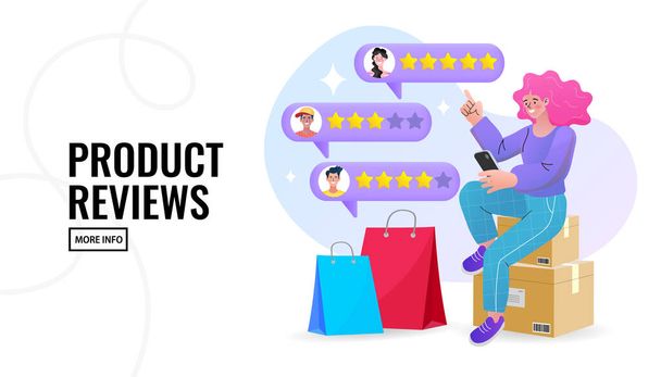 People Giving Five Star Feedback. Customer reviews concept. Online shopping with give 5 rating and review. Customer rate for success work. - ベクター画像
