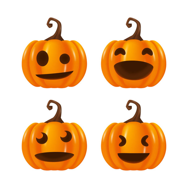 Set van gelukkige glimlach emoticon jack o lantaarn 3d pompoen lantaarn voor Halloween - Vector, afbeelding