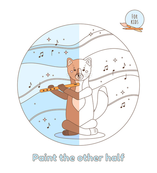 Cute animal concept for children, cartoon style. Coloring page for children and adults. The sable is playing the flute. Vector illustration - Vector, Imagen