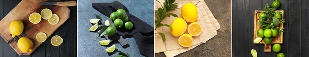 Collage with many fresh lemons and limes, top view - Fotoğraf, Görsel