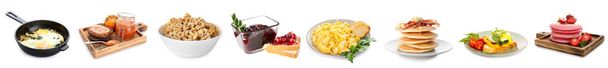 Collage of delicious breakfasts isolated on white - Valokuva, kuva