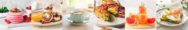Collage of delicious breakfasts on light background - Valokuva, kuva