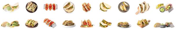 Collection of traditional tacos on white background - Fotoğraf, Görsel