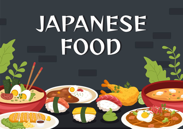 Japanese Food Cartoon Illustration with Various Delicious Dishes in the Restaurant such as Sushi on a Plate, Sashimi Roll and Other in Flat Style - Vektor, obrázek