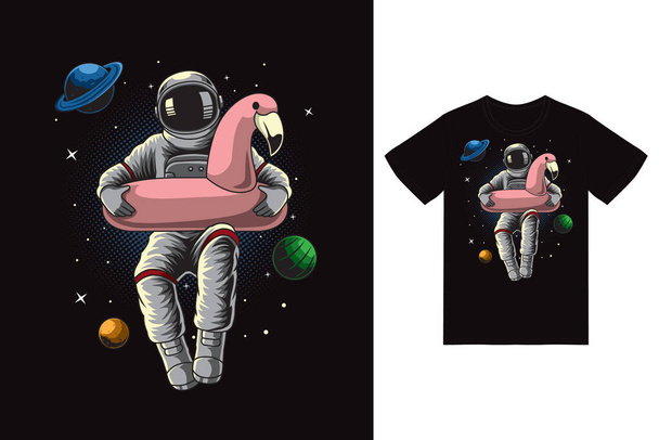 Astronaut with pink float illustration with tshirt design premium vector - Vetor, Imagem