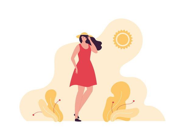 Enviroment issue and extreme weather concept. Vector flat people illustration. Heat wave sun symbol and female character in dress and hat with heatstroke symptom. - Vettoriali, immagini