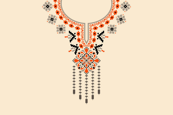 Beautiful floral neckline embroidery.boho neckline on cream background.Aztec style,abstract,vector,illustration.design for texture,fabric,clothing,print,fashion women wearing.geometric ethnic oriental - Vector, imagen
