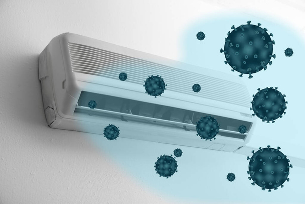 Spreading of viruses. Contaminated air conditioner on white wall indoors - Zdjęcie, obraz