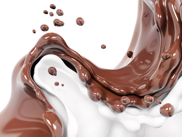 Hot melted chocolate and milk shake, sauce or syrup with drops,splatters, pouring chocolate wave or flow splash, cocoa drink or milkshake, swirl dessert background, choco splash, drink dessert, isolated, 3d rendering - Photo, image