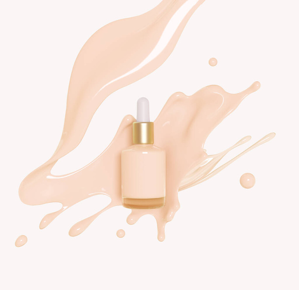 Pink make up liquid foundation cream cosmetics bottle on splashing cosmetic liquid. Cosmetic product template. Dropper for branding liquid splash. Blank label for branding. Isolated 3d rendering. - Photo, Image