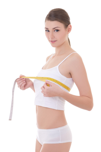 diet concept - smiling woman with beautiful body measuring her b - Fotografie, Obrázek