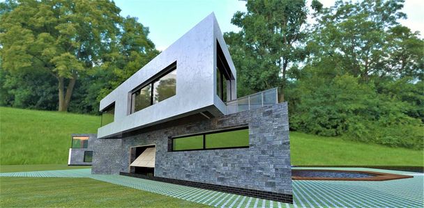 A building with an unusual design. Sharp corner. Finishing - white Carrara marble and gray slate. 3d render. - Photo, image