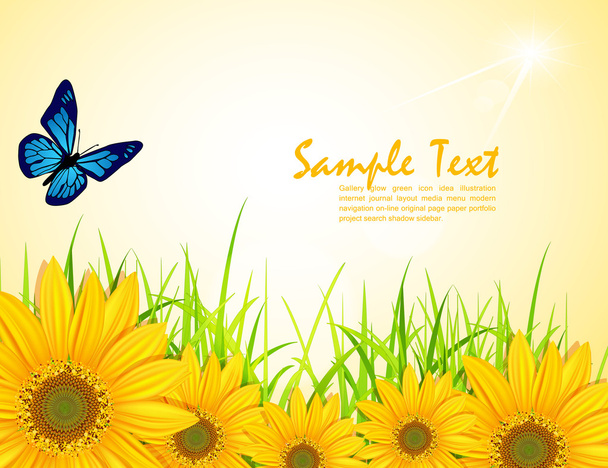 Vector background with yellow sunflowers, green grass and butter - Vector, afbeelding