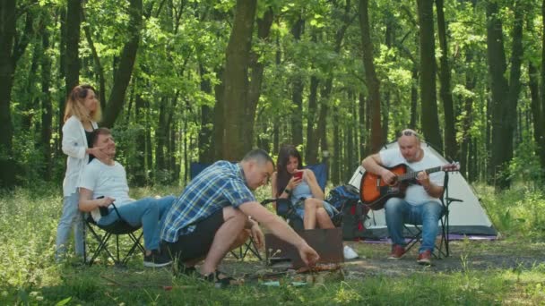 Šťastná společnost, máma, táta, syn, dcera a jejich přátelé pořádají piknik v lesní oblasti. rodinné kempování v létě. Odpočinek se stanem v lesoparku - Záběry, video